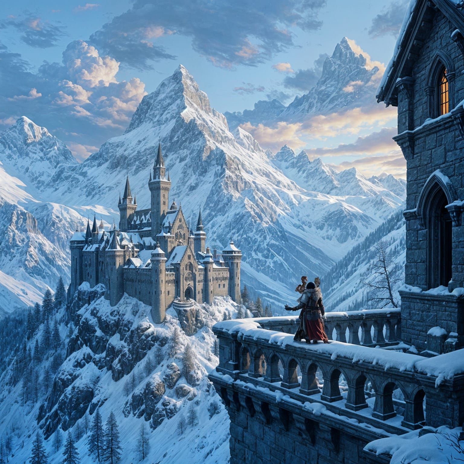 Gothic Castle on Snow Mountain Peak with Mouse Knight