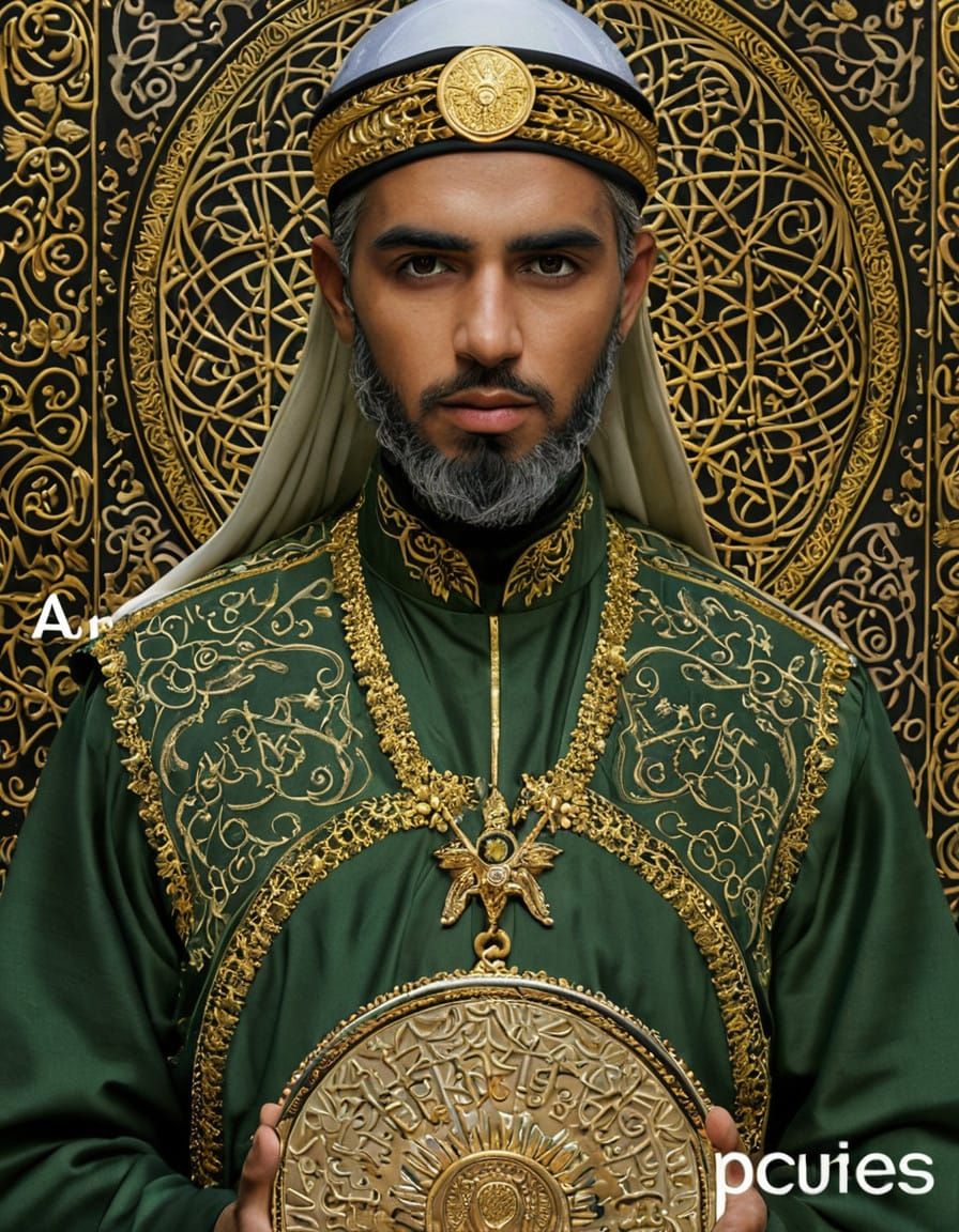Devout Muslim Warrior in Islamic Robes with Golden Inscripti...