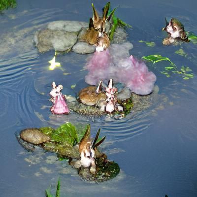Fairy Rabbits Gather at a Pond