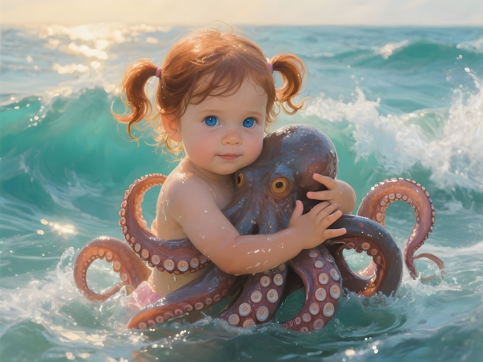 Toddler Girl Embraced by Octopus in Ocean, Oil Painting Styl...