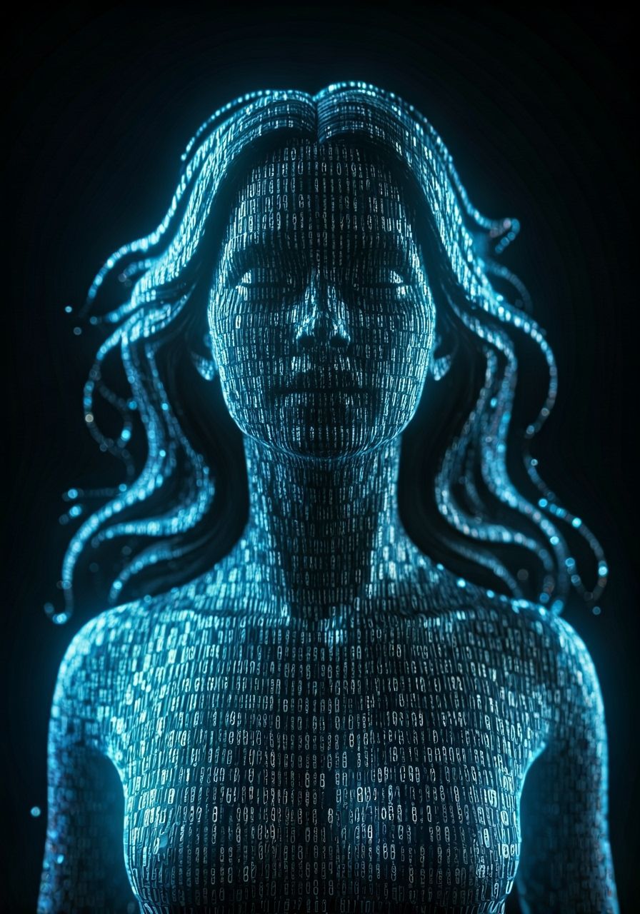 Ethereal Ghost Woman Sculpture in Neon Binary Code