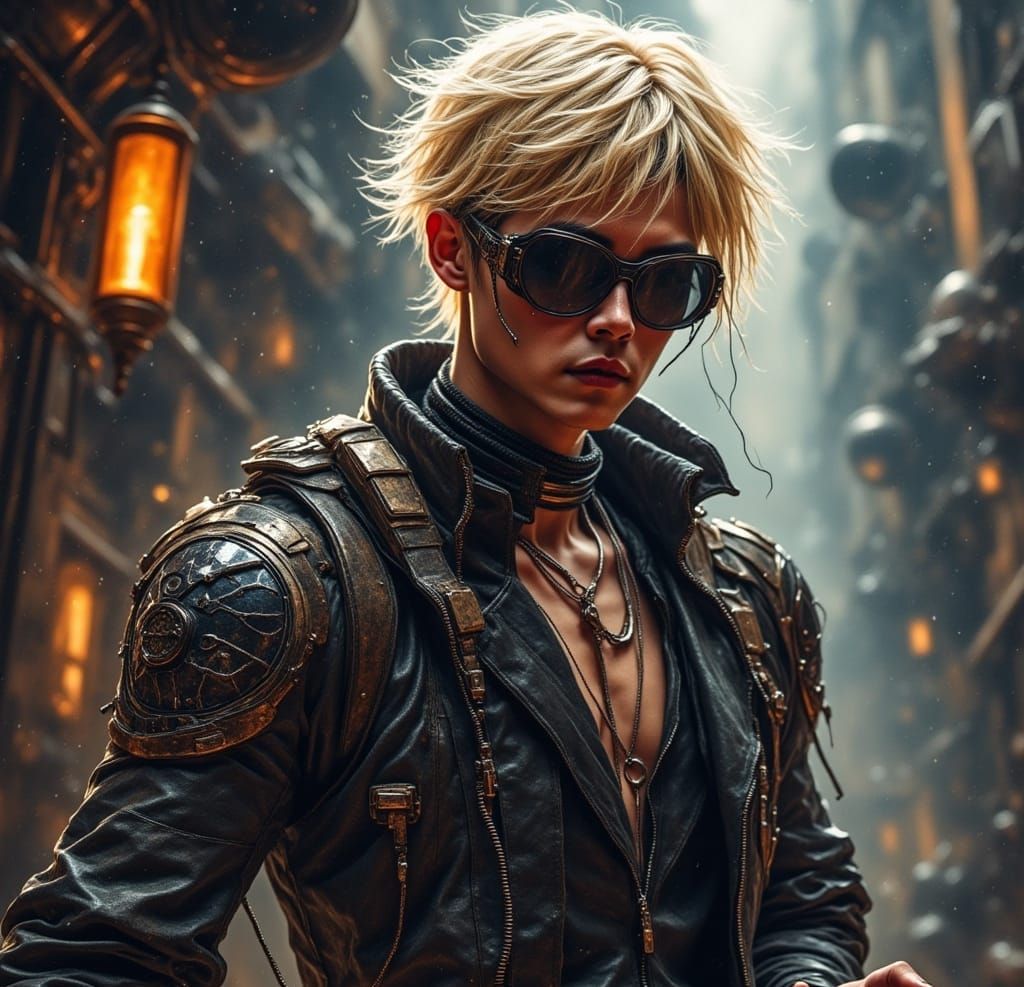 Grunge Rocker with Futuristic Visor and Robotic Arm