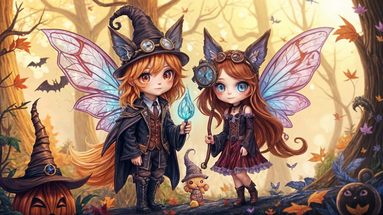 Chibi Fairy Wizard Couple in Halloween Forest