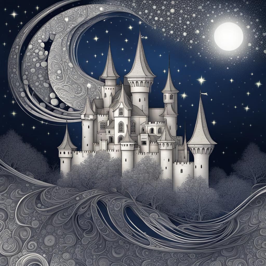 Castle Under Starry Night Sky with Abstract Elements