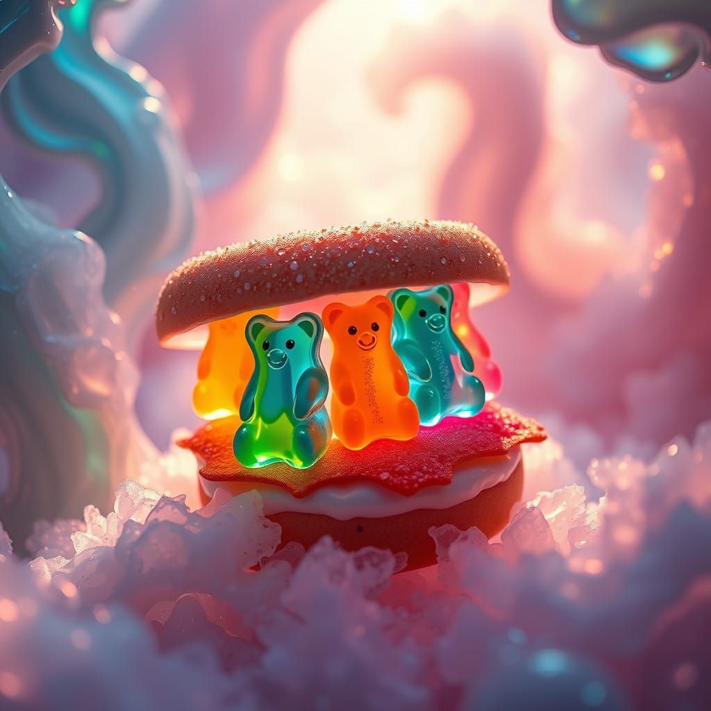 Surreal Gummy Bear Sandwich in Whimsical, Storybook World