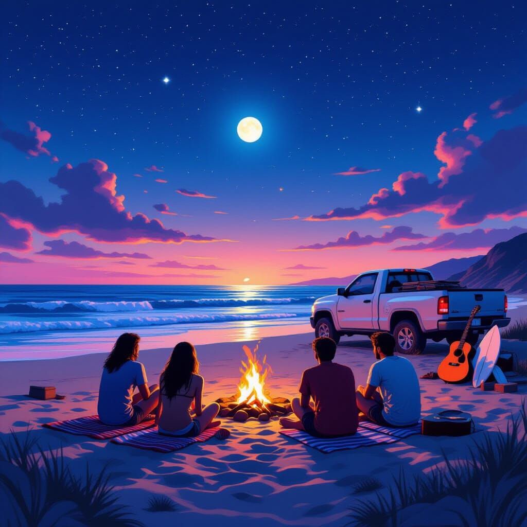 Beach Night Scene in Dramatic Atmospheric Style