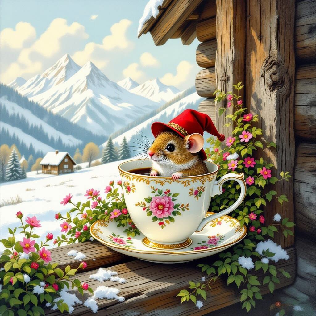 Floral Cup with Mouse, Beatrix Potter Style