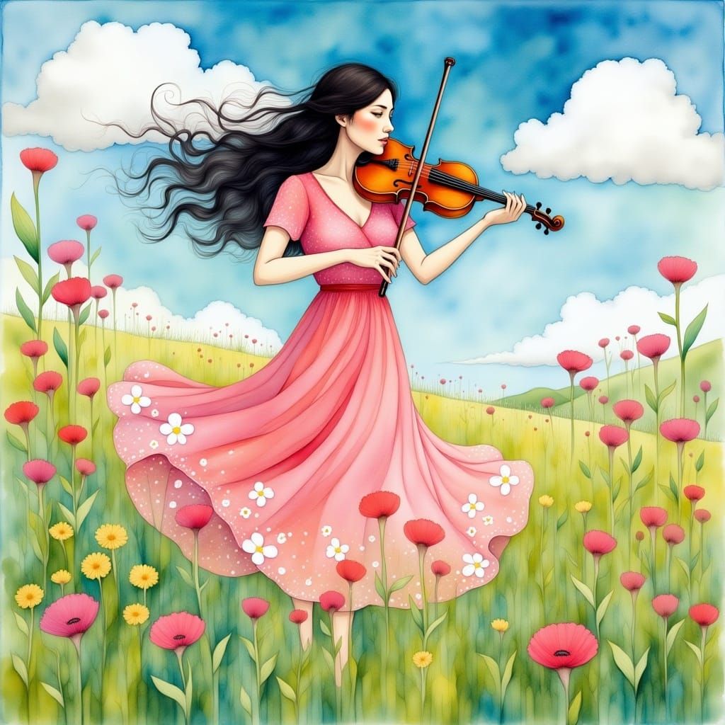 Woman Playing Violin in Lush Meadow, Watercolour Style