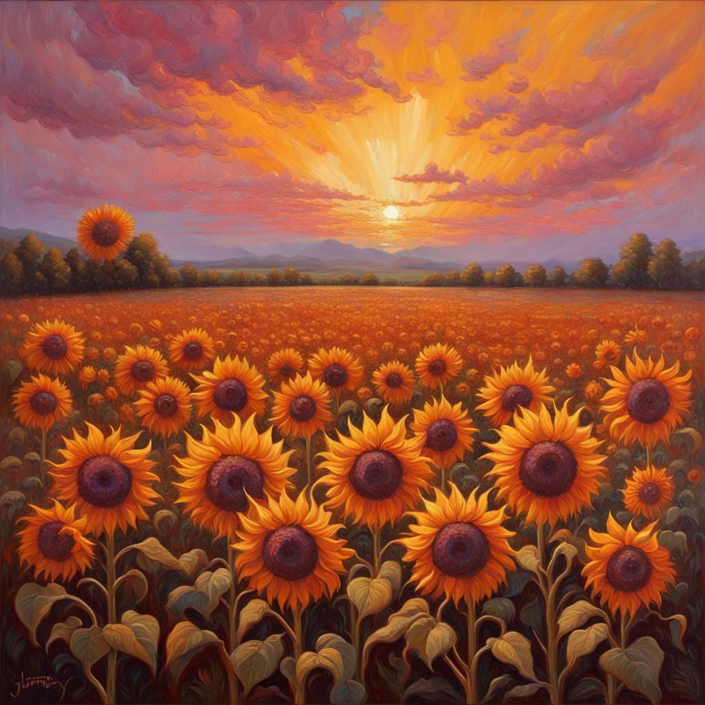 Surreal Sunflowers Exploding on Colorful Sunset