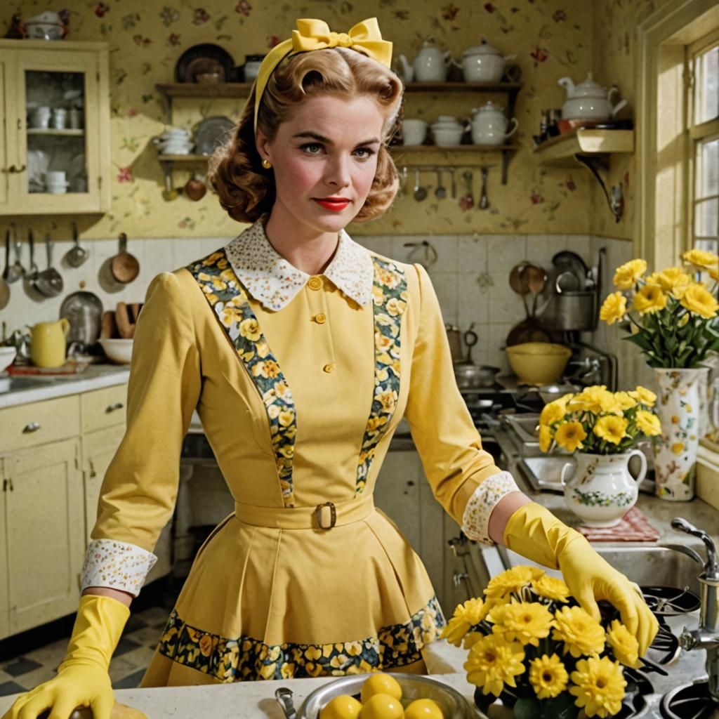Vintage-Style Young Housewife in 1950s Kitchen Setting