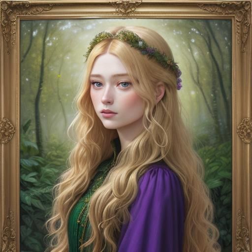 Blonde Girl in Purple Dress: Pre-Raphaelite Portrait
