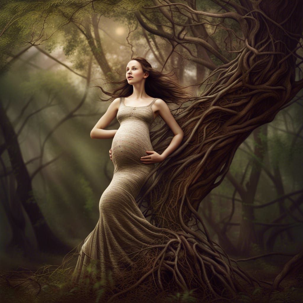 Dancing Pregnant Dryad with Tree Dress