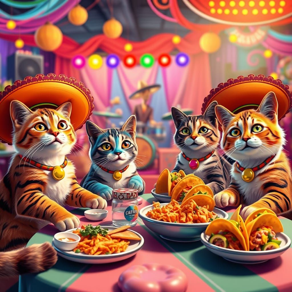 Vibrant Cats Celebrate Taco Fiesta in Whimsical Candyland Sc...