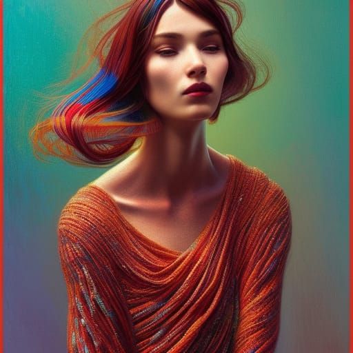 Woman in Crochet Sweater, Art Nouveau Portrait