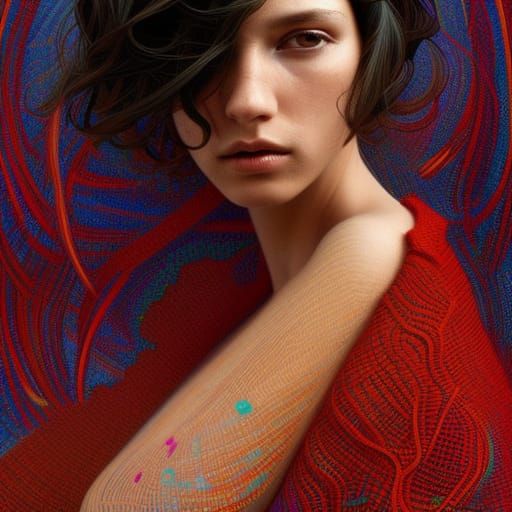Woman in Crochet Sweater: Art Nouveau Portrait