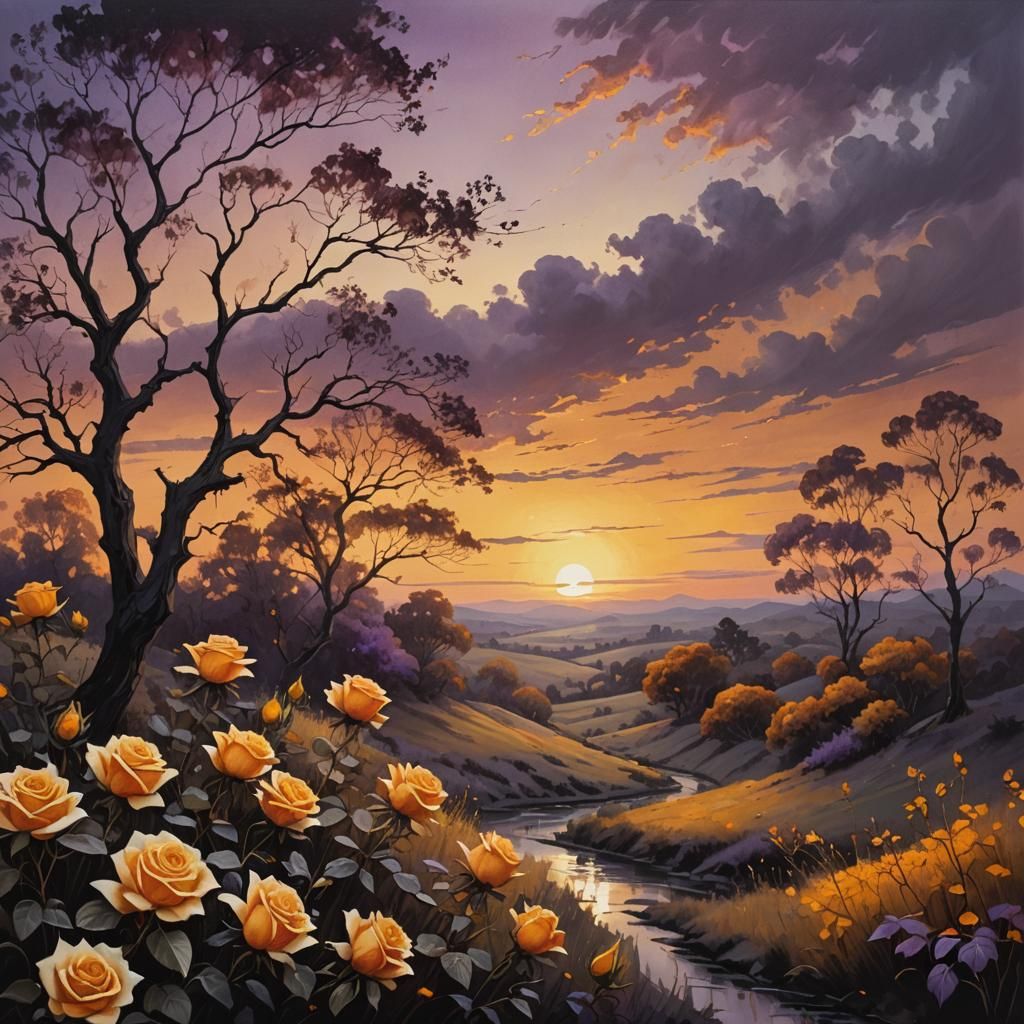 Surreal Landscape Painting with Yellow Roses at Sunrise