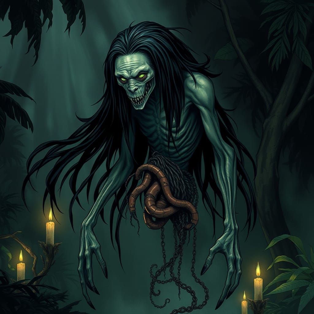 Eerie Pontianak-Penanggal Hybrid in Dark Jungle