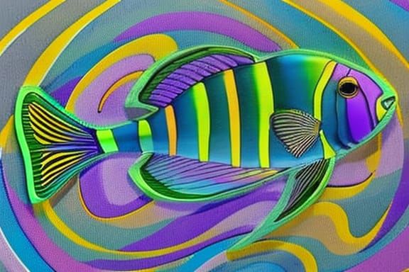 Vibrant Yellow Striped Fish in a Psychedelic Seascape