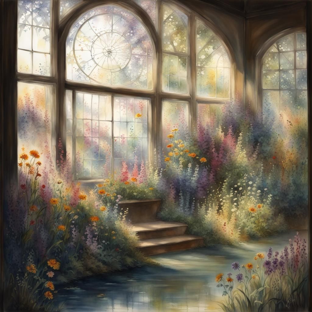 Watercolor Fantasy Garden at Early Sunrise