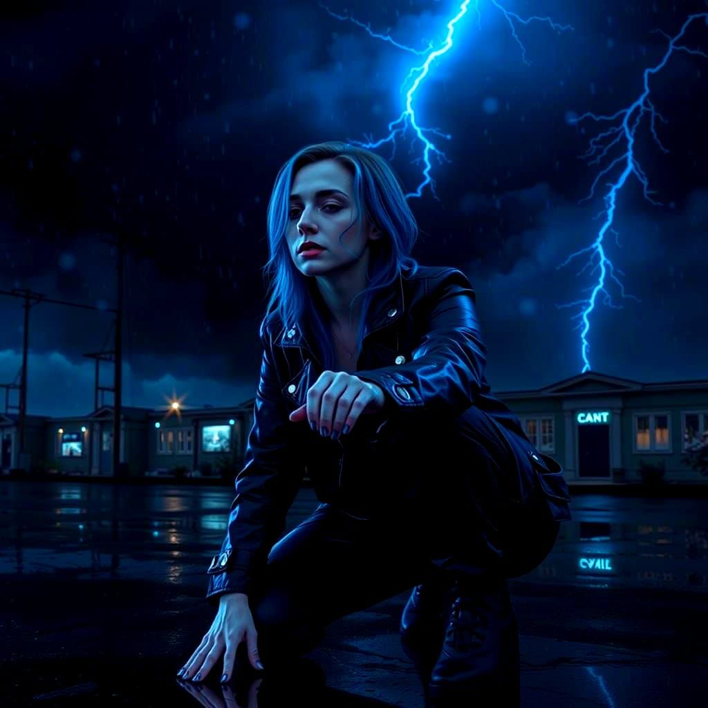 Neon Noir: Woman Touches Ground in Electric Storm