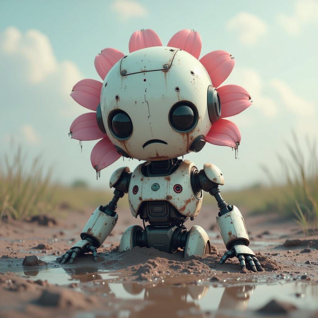 Sad Robot Flower Half-Buried in Mud, Soft Pastels