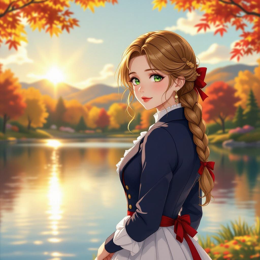 Anime Woman by Autumn Lake in Golden Hour