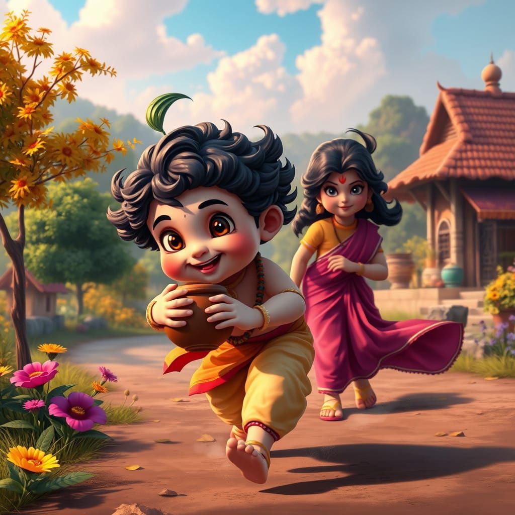 Joyful Krishna in Anime-Style Village Landscape