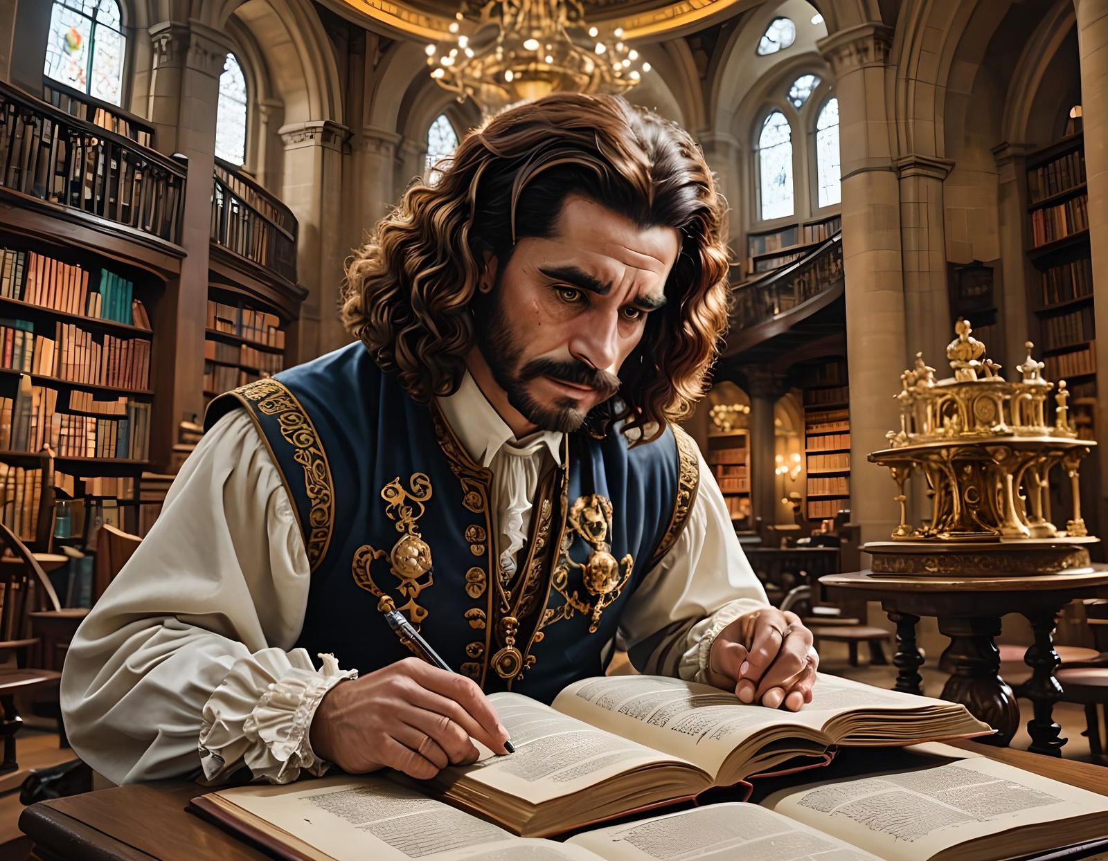 King Charles Examines Ornate Book in Library