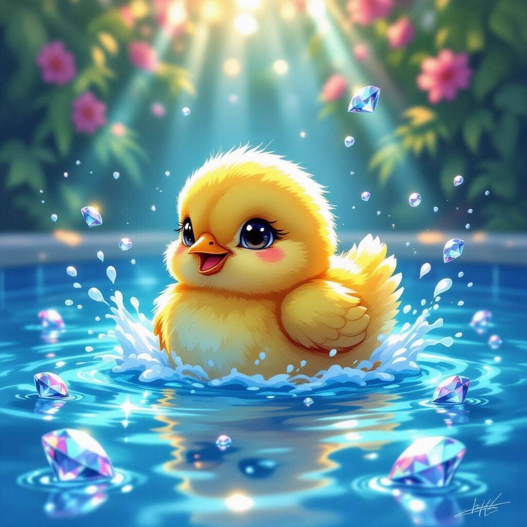 Fluffy Chick Swims in Diamond Pool