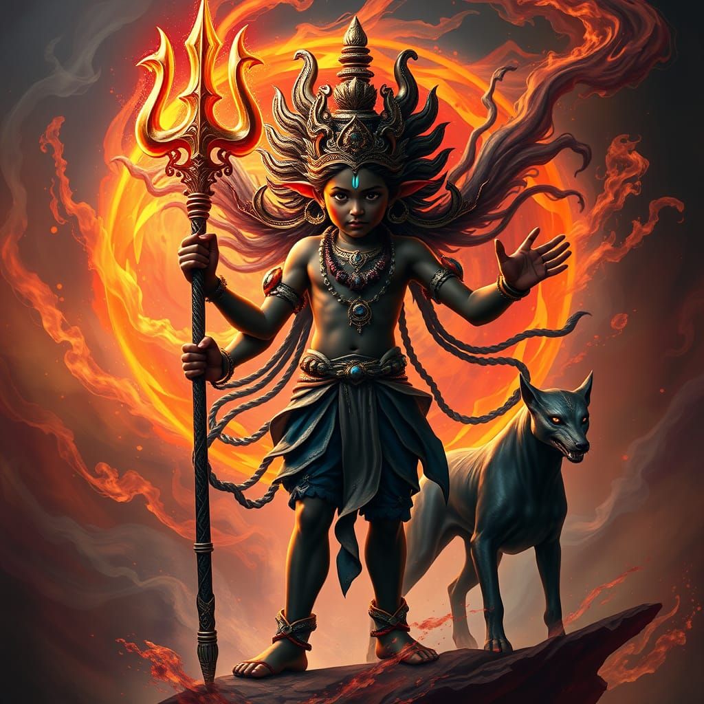 Young Bhairava Battles Inner Demons with Glowing Trident
