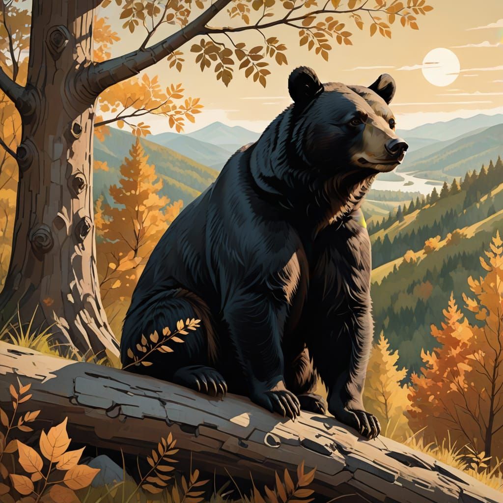 Whimsical Black Bear in Sunlight: Digital Illustration