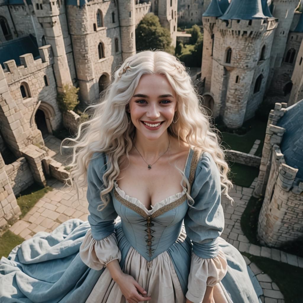 White Haired Medieval Princess in Blue Dress at the Top of a Castle