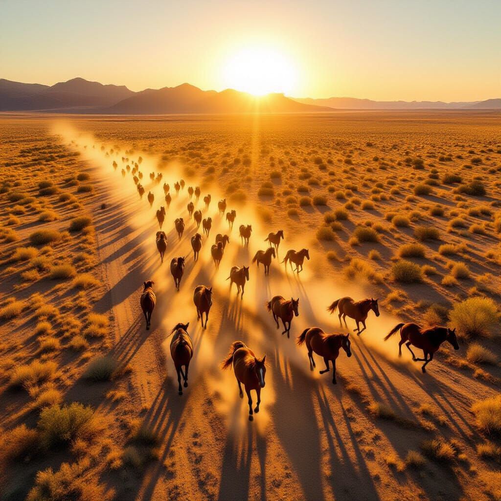 Wild Horses Gallop Across Desert Plain at Sunset