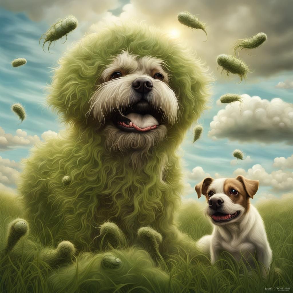 Furry, large ugly microbes and germs biting dog and turning dog's hair into grass colour.