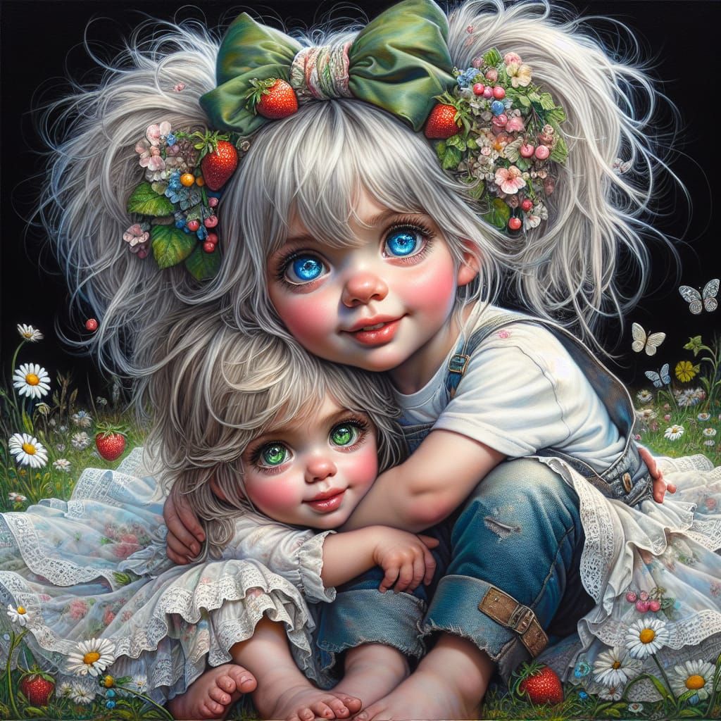 Children Embrace in Vivid Oil Painting