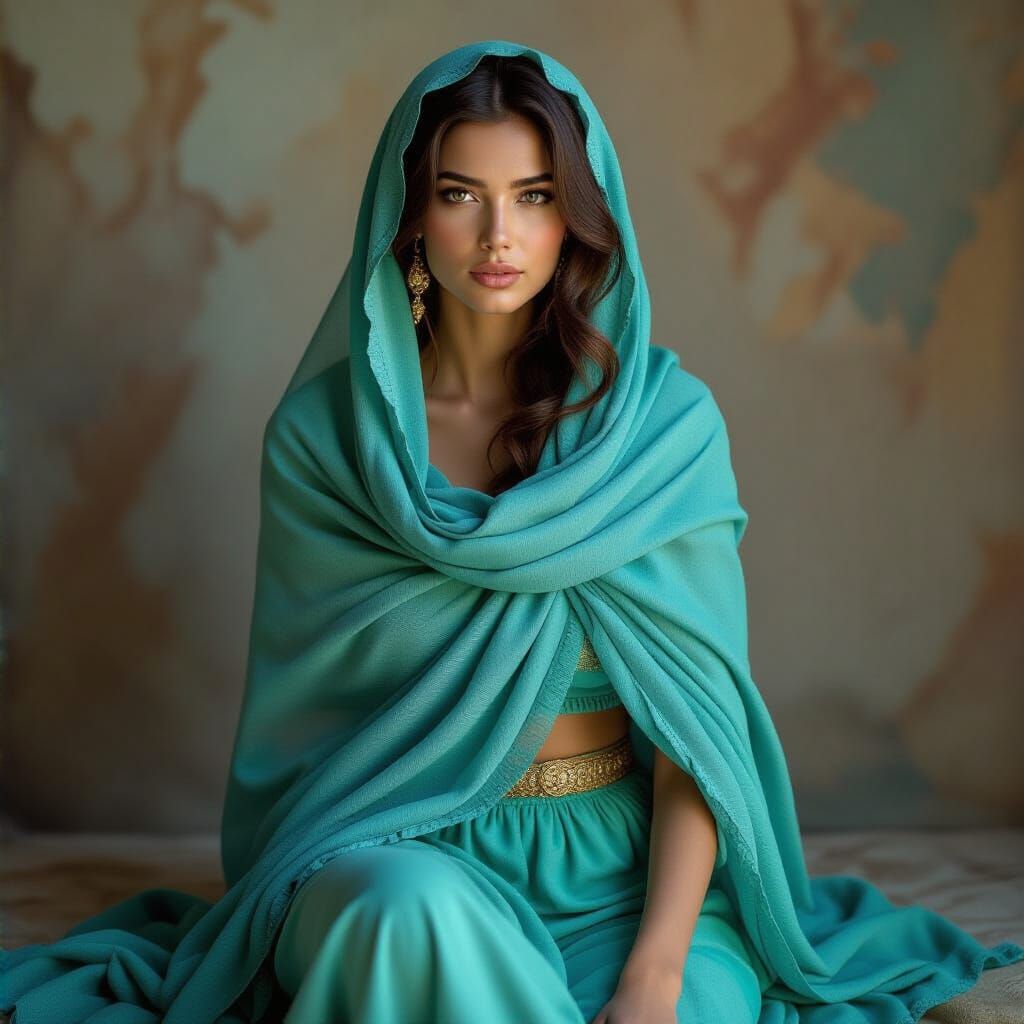 Woman in Turquoise Fabric, Dynamic Pose, Cinematic Film Styl...