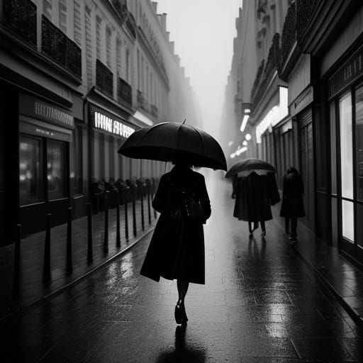 Woman Walks in Rainy Paris: Film Noir Photography