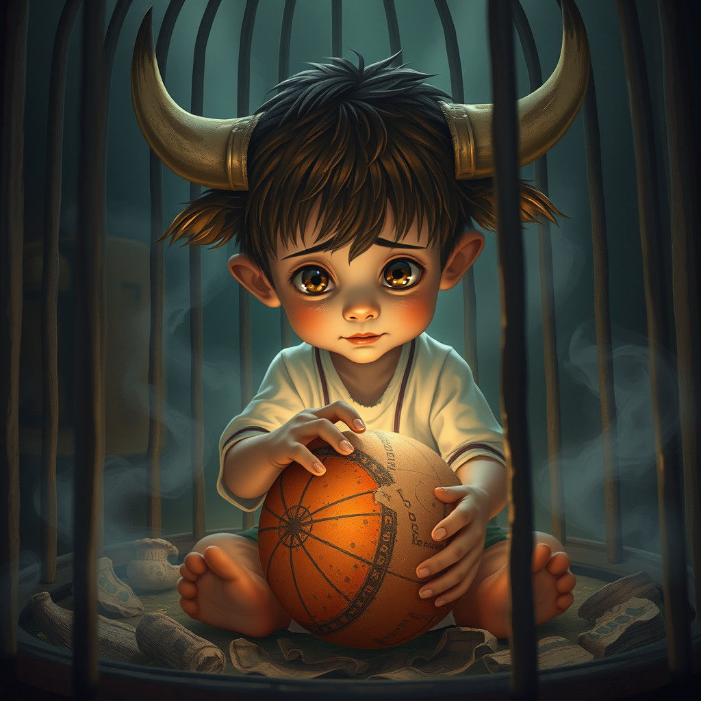 Crying Minotaur Boy in Mystical Cage