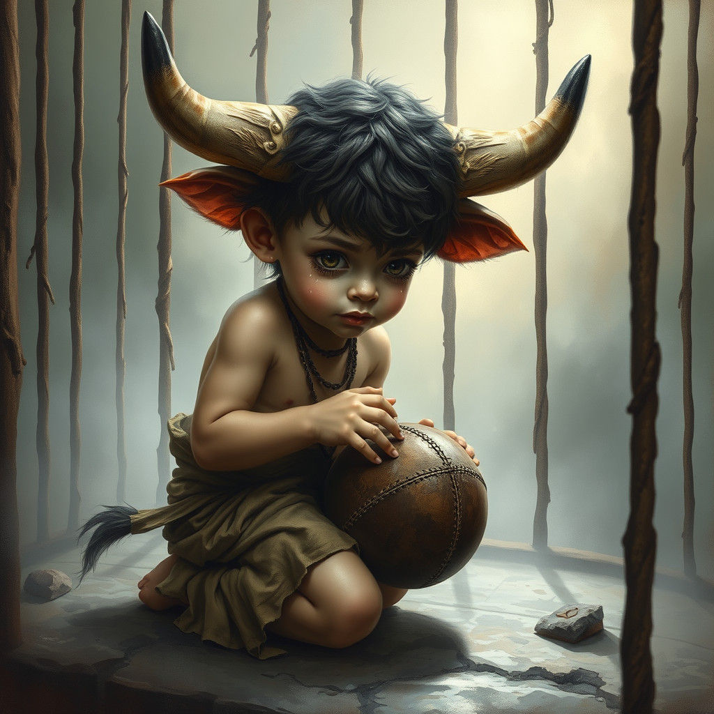 Boy with Bull Head Cries in Ancient Cage