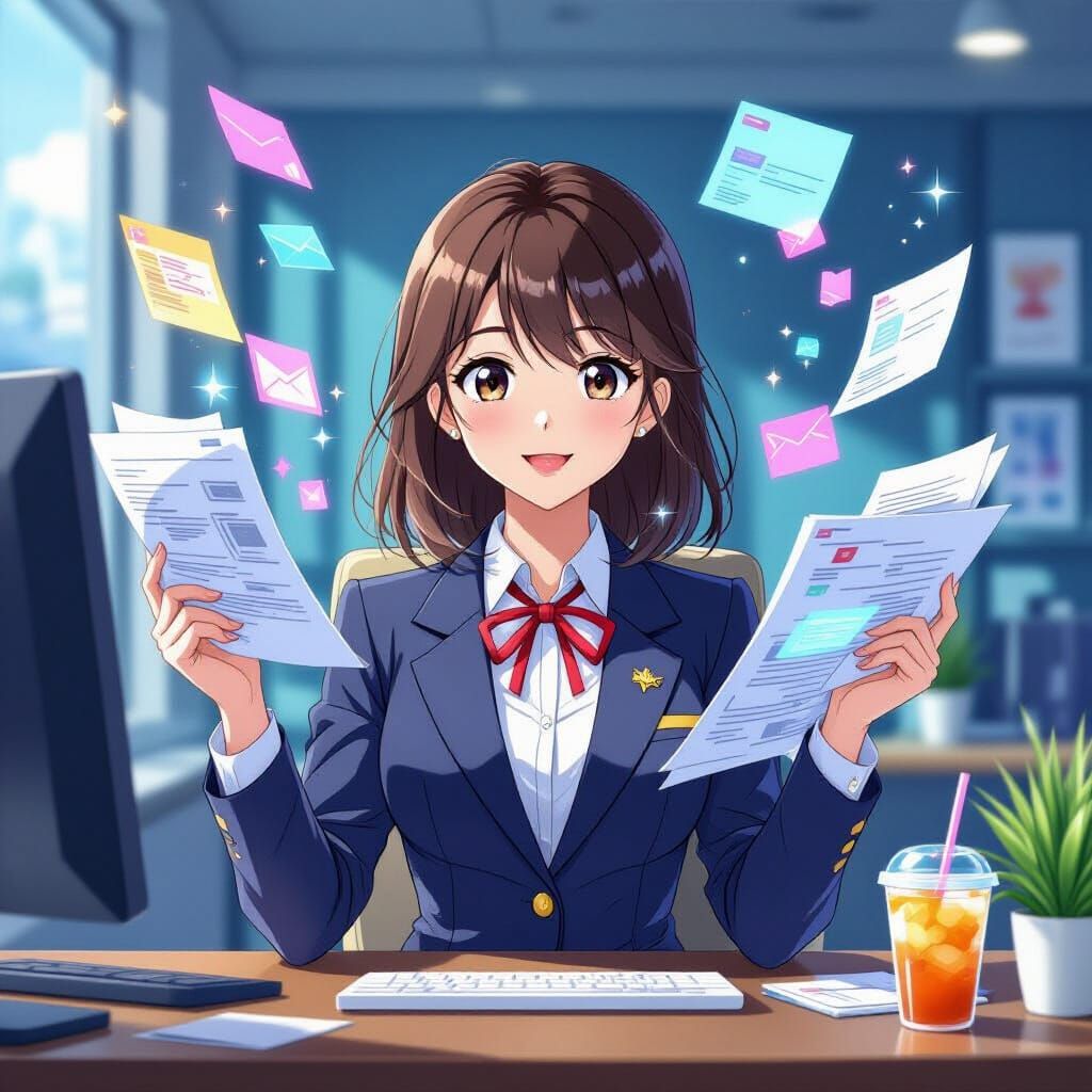 Anime Secretary Juggling Files in Dreamy Office