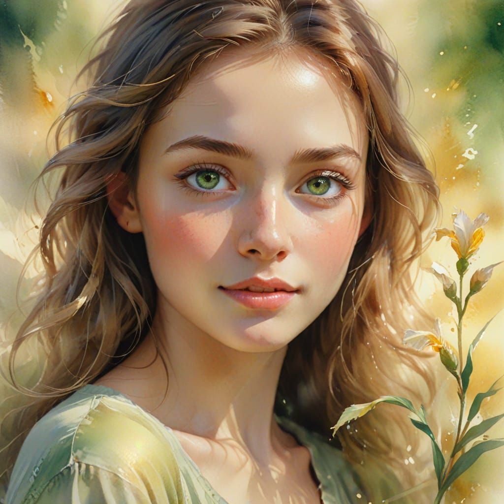 Ethereal Watercolor Portrait of a Serene Woman