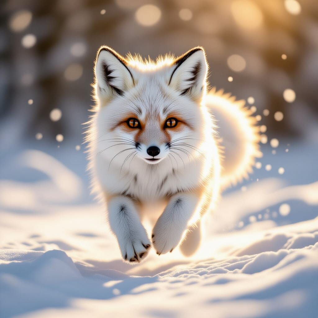 Snow Fox Leaping in Sunlight: Hyper-Realistic Furry Detail