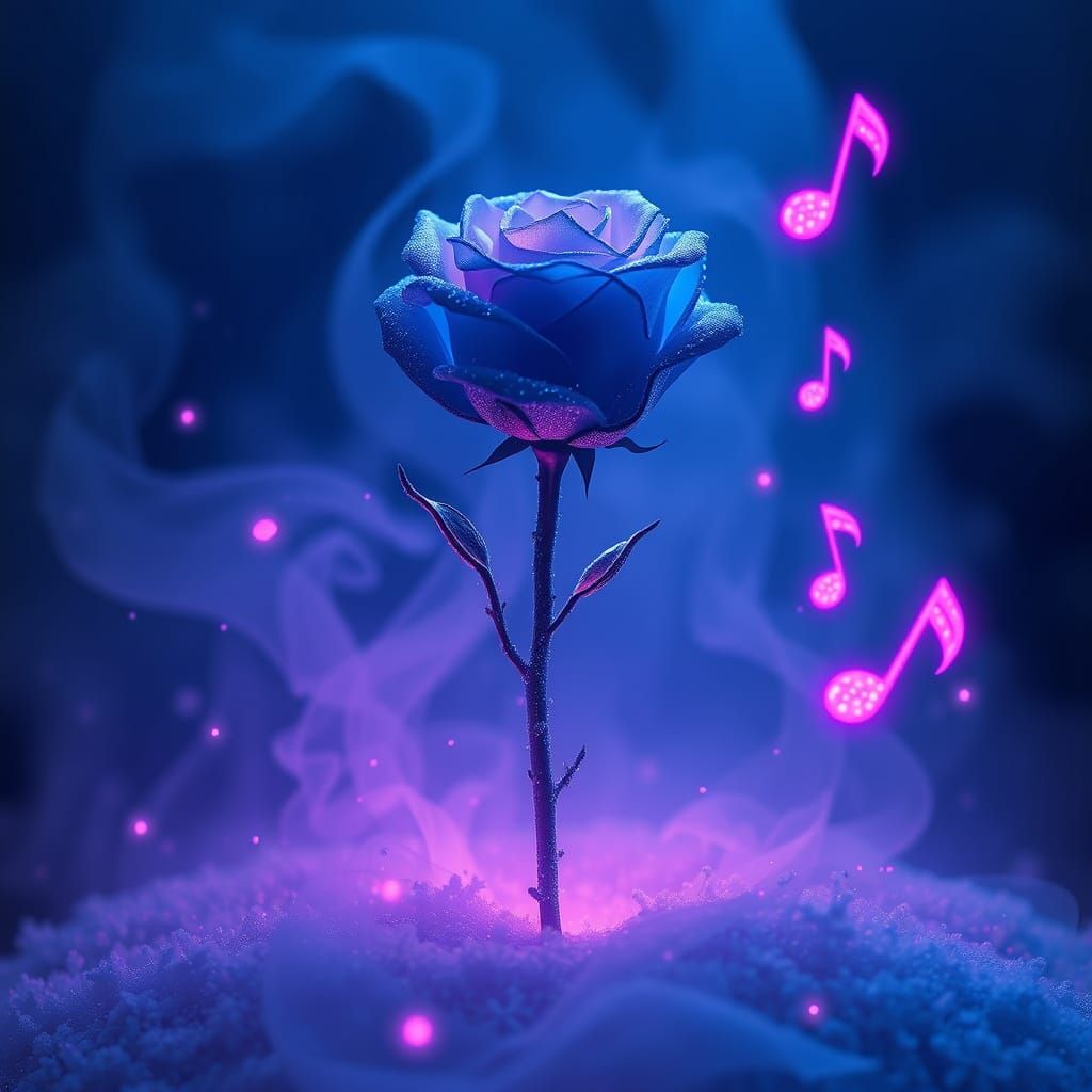 Whimsical Blue Glitter Rose in Ethereal Neon Mist