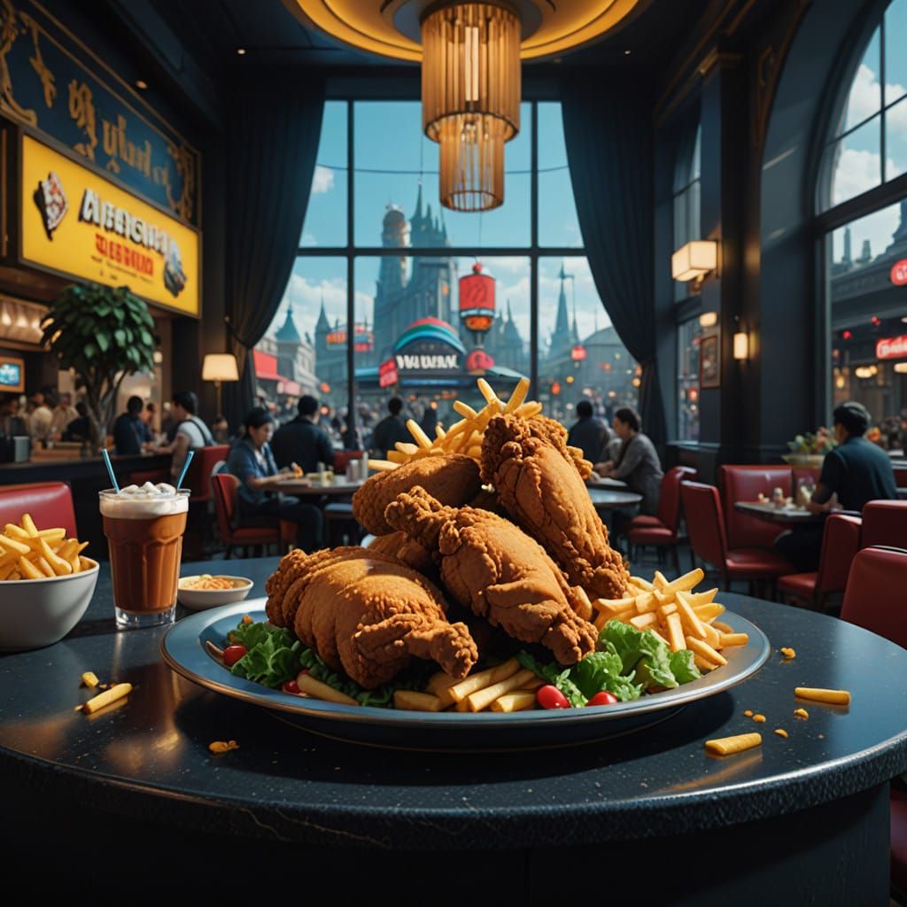Vibrant Mall Food Court Scene with Crispy Fried Chicken