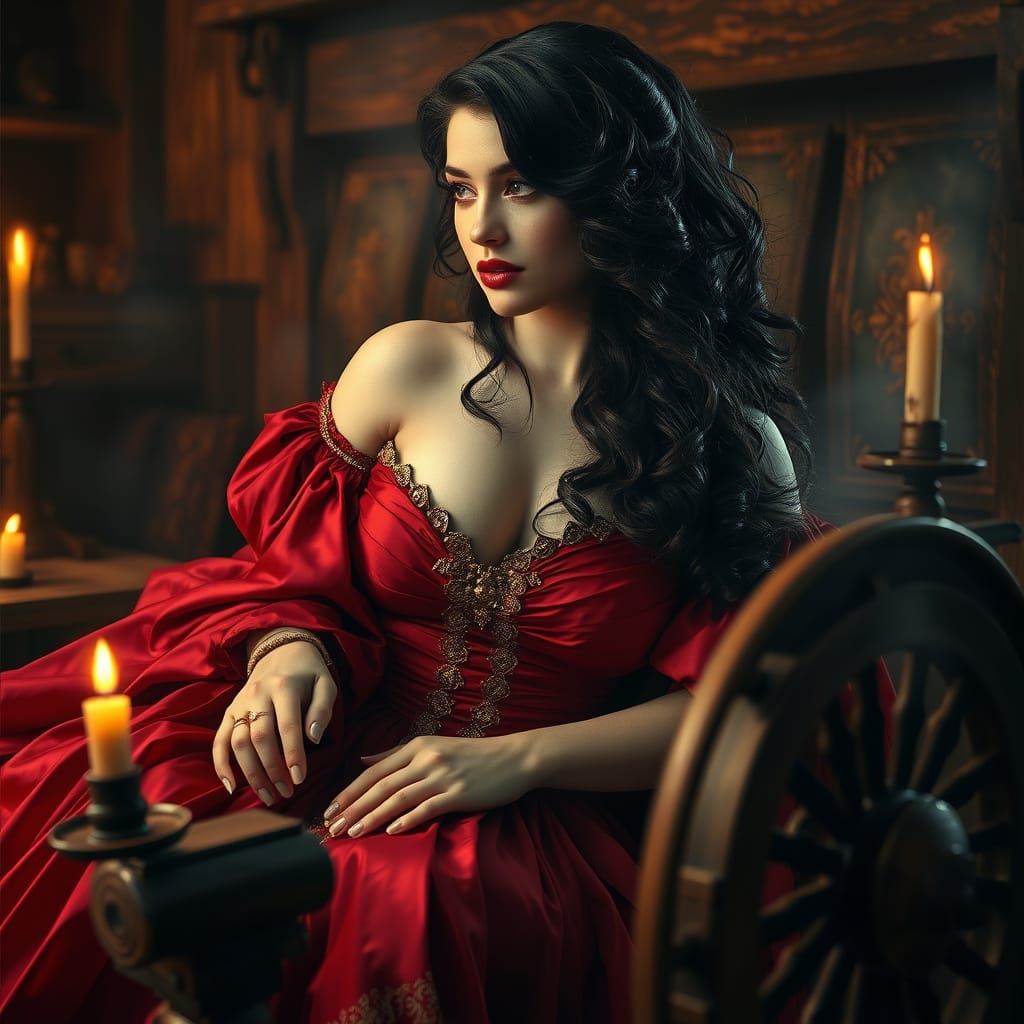 Ethereal Medieval Beauty at a Spinning Wheel