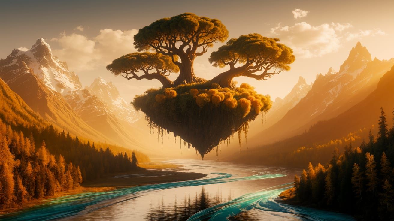 Floating Tropical Island Above River in Mountain Landscape