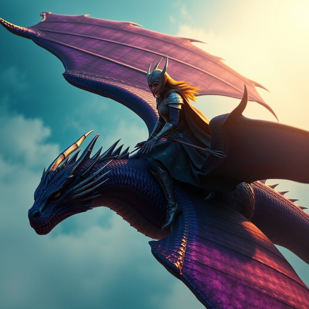 Dark Elf Warrior Maiden Rides Majestic Purple Dragon Through...