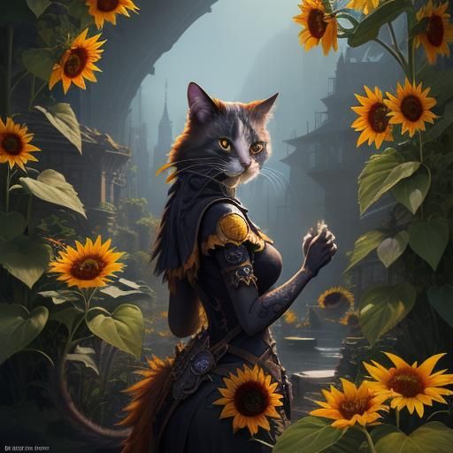 Fantastical Sunflower Cat Girl in Detailed Matte Painting