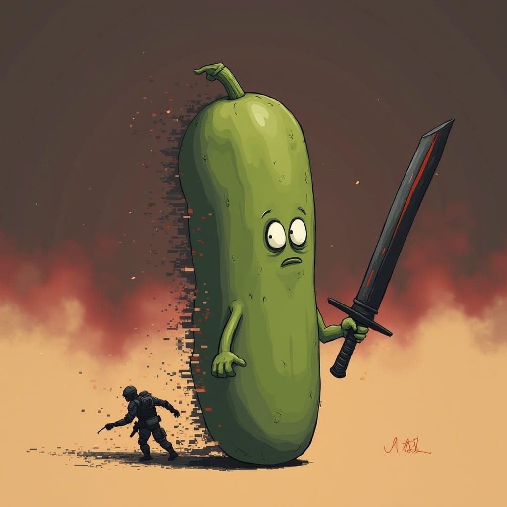 Surreal Pickle Warrior Emerges from Digital Chaos