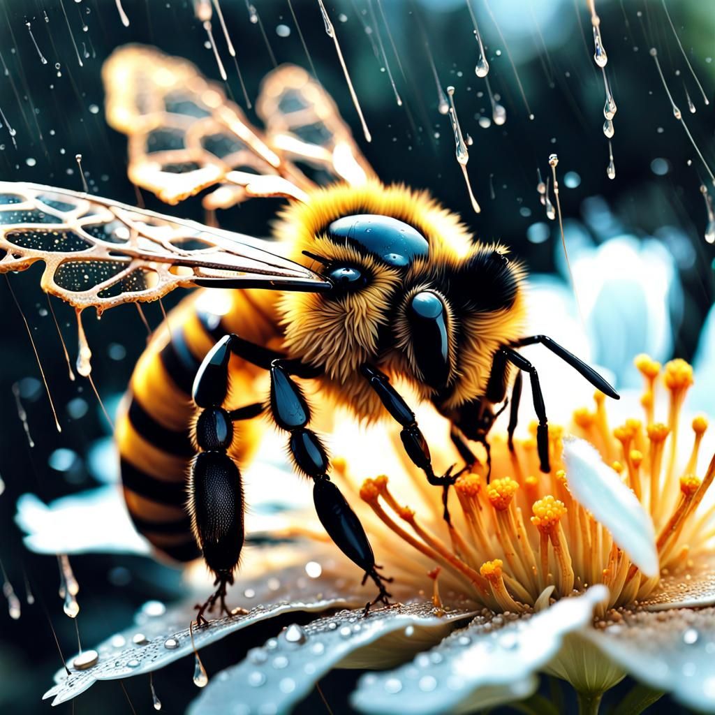 Bee with Golden Wings on Flower, Fantasy Art